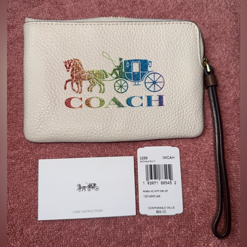 Coach Chalk Pebble Leather Glitter Rainbow Horse Carriage Logo Wristlet